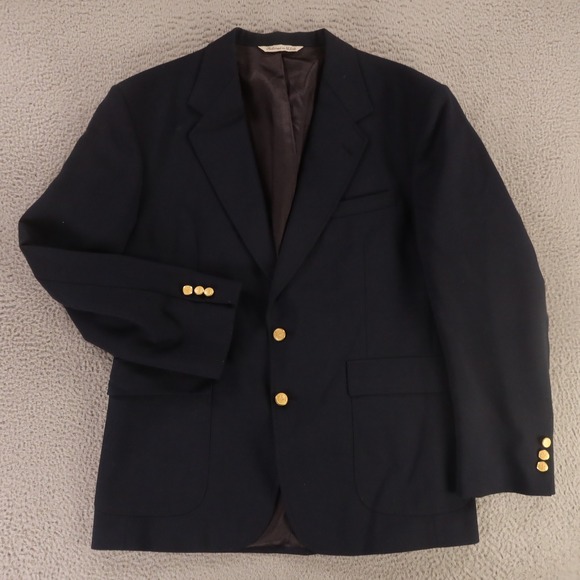 VTG Hopsack Jacket L Blue Polyester‎ Wool Blazer Metal Crested Buttons USA 44R